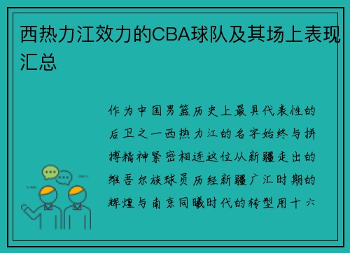 西热力江效力的CBA球队及其场上表现汇总